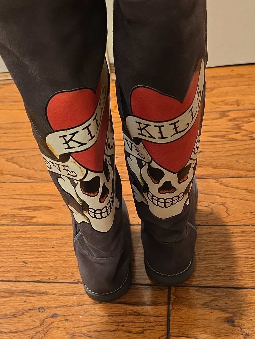 Ed Hardy Gray Suede Knee-High Boots with Heart & Skull Graphic - Picture 3 of 10